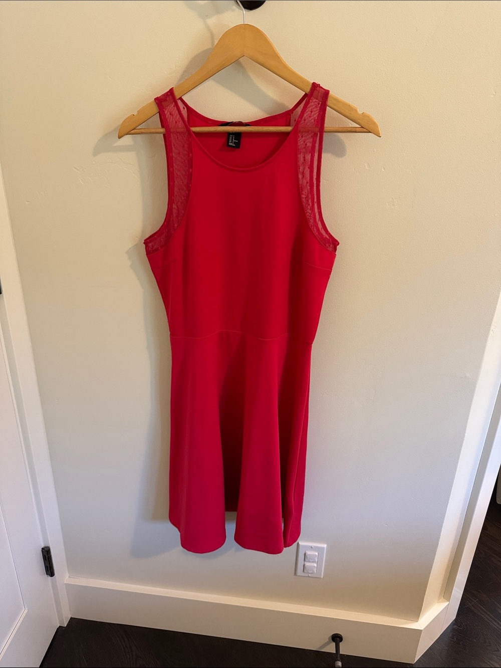 H&M Red Sleeveless Lace-Shoulder A-Line Midi Dress